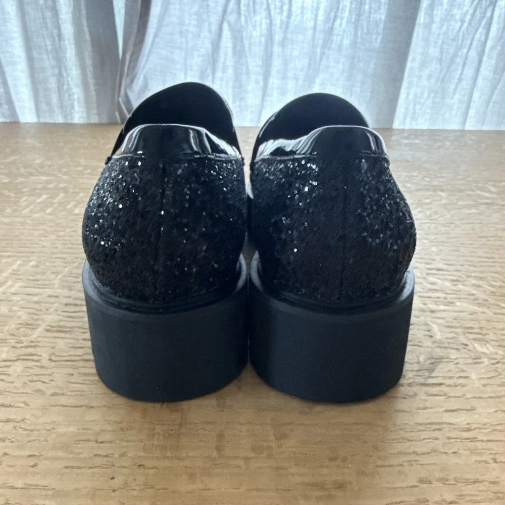 New FRANCO SARTO Bazel Lug Sole Penny Loafer In Black Glitter Size 9